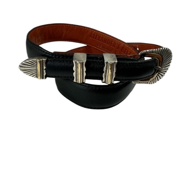 Genuine vintage ALEXANDER'S BELTS sterling silver with 14k black leather belt 26 - Picture 2 of 15
